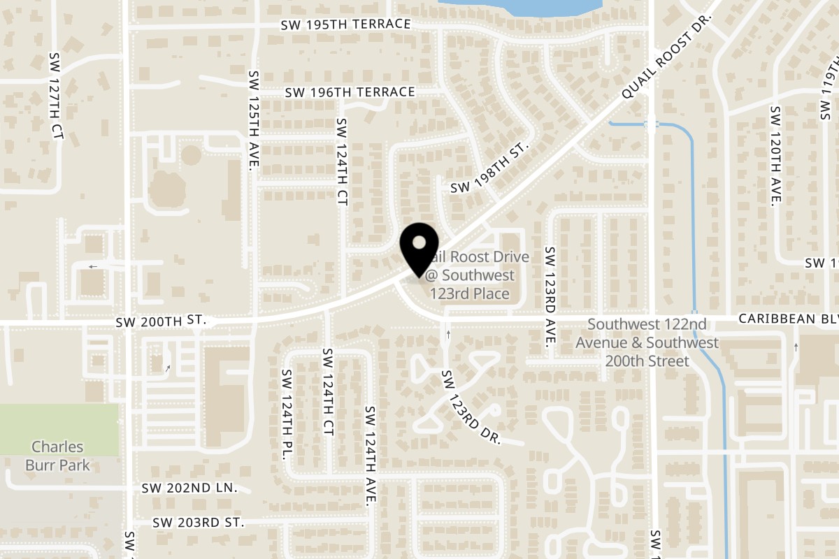 Map showing the location of Las Flores Mexican on 12384 Quail Roost Dr in Miami